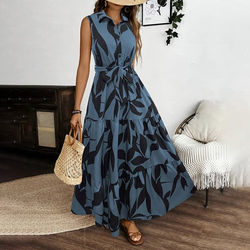 Women Sleeveless Boho Floral Maxi Dress Summer Button Shirt V Neck Flowy Belted Beach Vacation Dresses