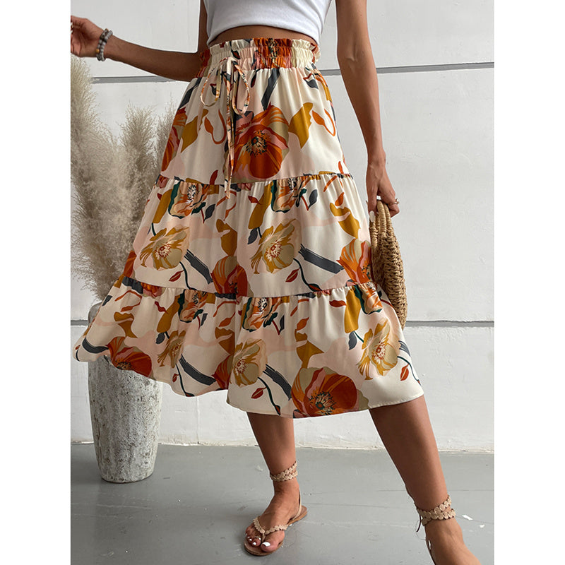 Women's Floral Tiered Midi Skirt Elastic Waist Dressy Casual A-line Flowy Boho Skirts