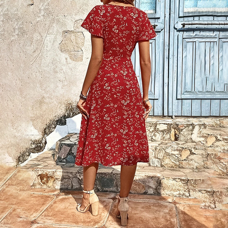 Summer Floral Print Maxi Dress Women Button Up Split Long Flowy Bohemian Beach Party Dresses