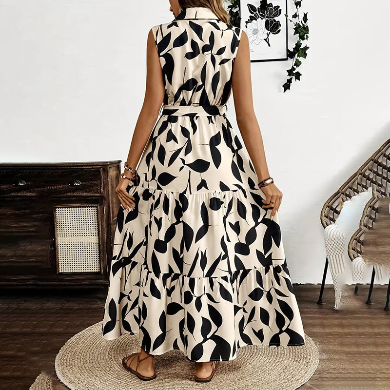 Women Sleeveless Boho Floral Maxi Dress Summer Button Shirt V Neck Flowy Belted Beach Vacation Dresses