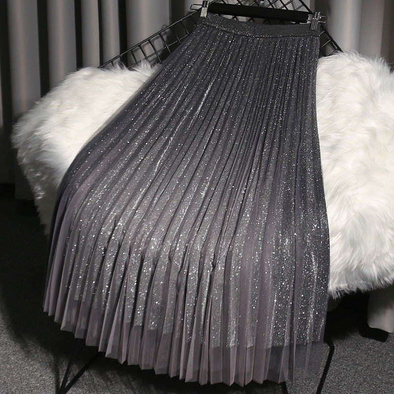 High-end Mesh Skirts Are Thinner Women's Summer Mid-length Skirt Gradient Color Mid-length Pleated Skirt