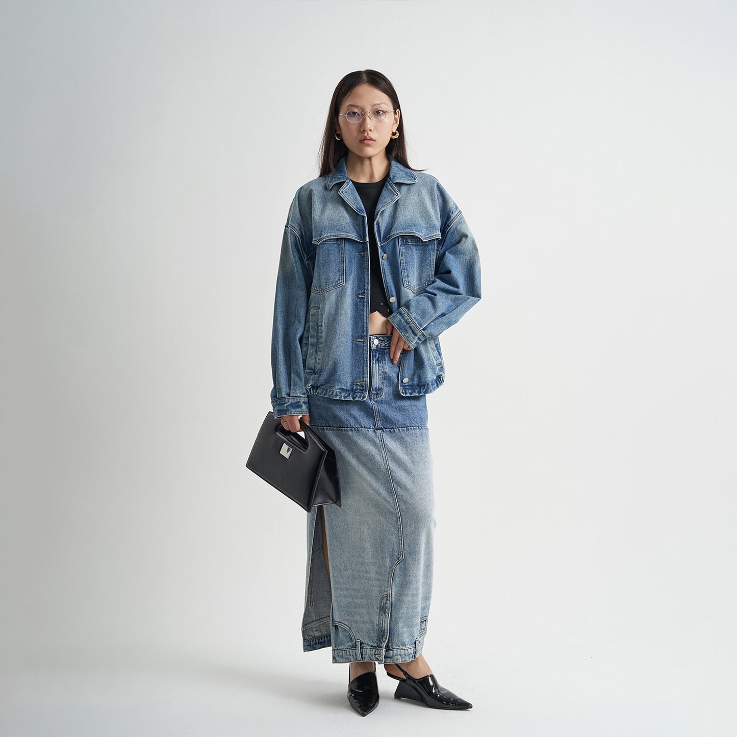 Washed Denim Long Skirts Stitching Design Women's Clothing